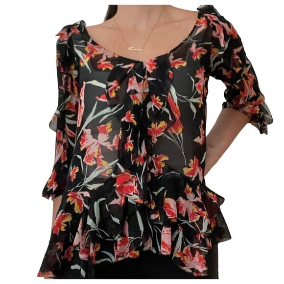 Diane Von Furstenberg DVF Womens Silk Black red Ruffle Blouse 4 - Picture 1 of 8